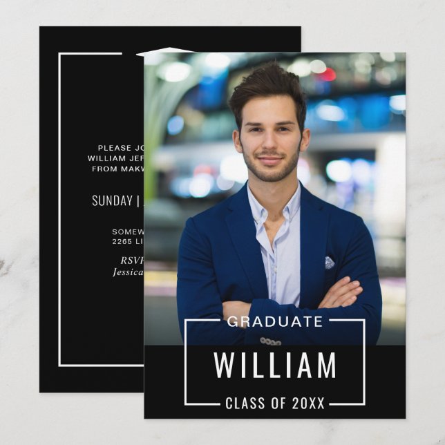 Invitación Moderna fiesta de graduación de FOTO blanca y negr (Anverso / Reverso)