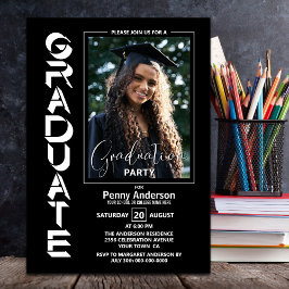 Invitación Moderna fiesta de graduación de foto simple en neg