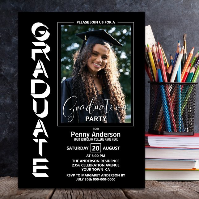 Invitación Moderna fiesta de graduación de foto simple en neg (Subido por el creador)