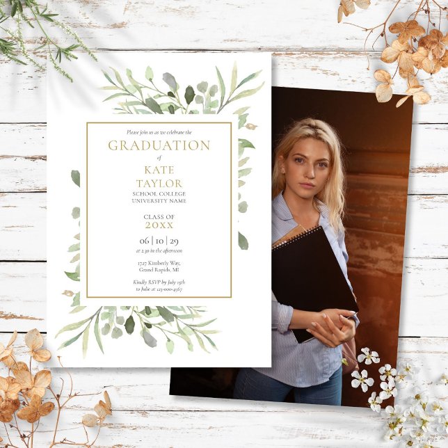 Invitación Moderna fiesta de graduación de fotografía de vege (Modern Greenery Photo Graduation Party Invitation)