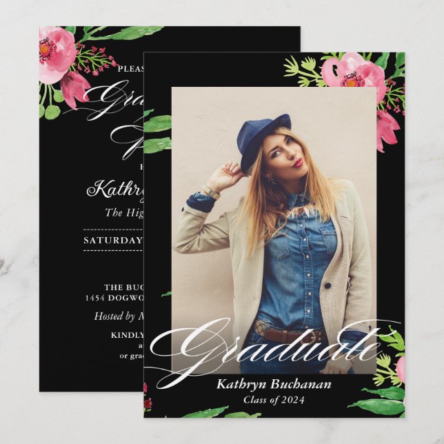 Invitación Moderna fiesta de graduación de fotografía floral  (Anverso / Reverso)