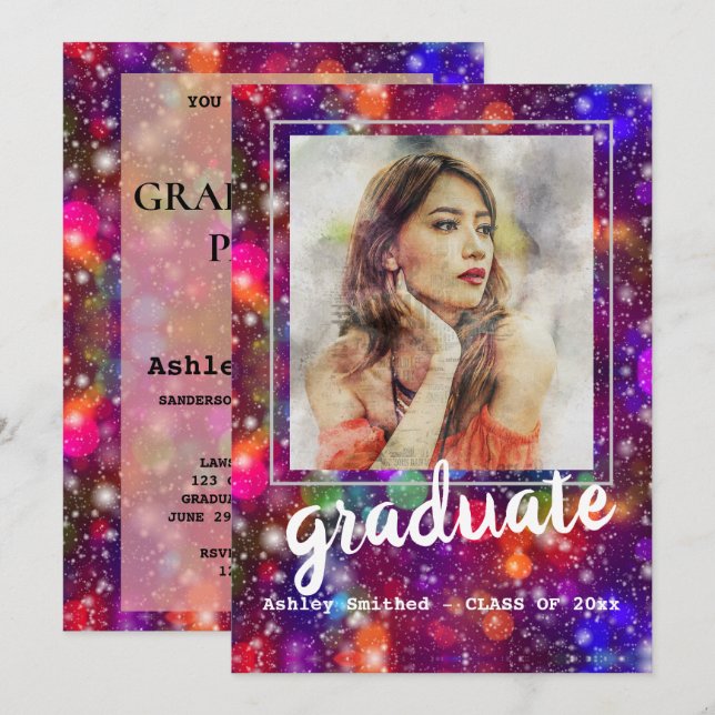 Invitación Moderna fiesta de graduación de fotograma Rosa #2 (Anverso / Reverso)