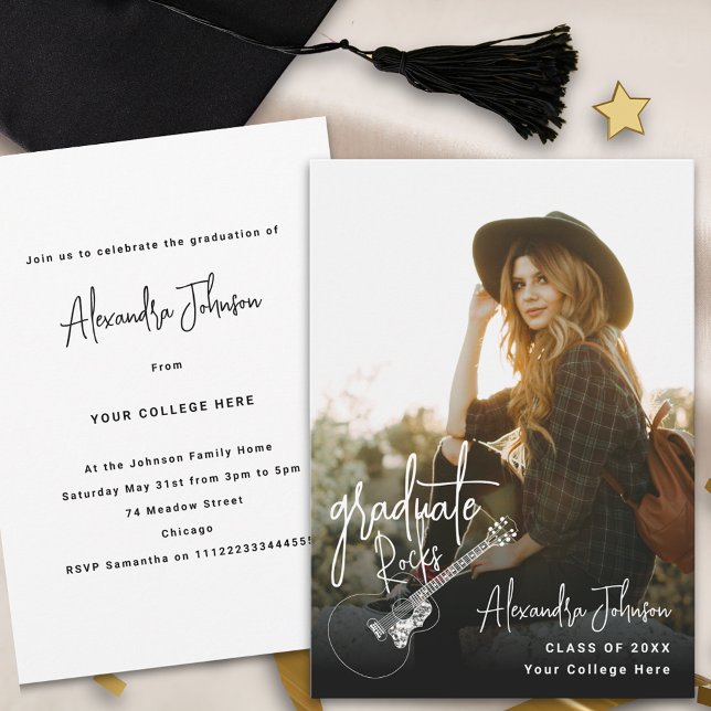 Invitación Moderna fiesta de graduación de fotos (Modern trendy vertical photo Graduation announcement party invitation with cool country guitar )