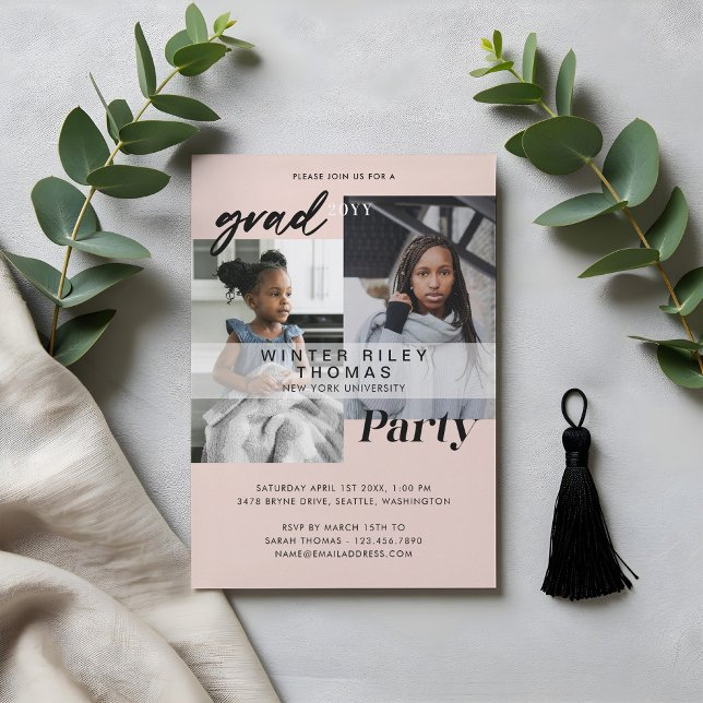 Invitación Moderna fiesta de graduación de fotos ahora y lueg (Modern Pink Now & Then Two Photo Graduation Party Invitation)
