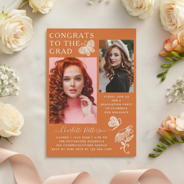 Invitación Moderna fiesta de graduación de fotos de mariposa  (Subido por el creador)