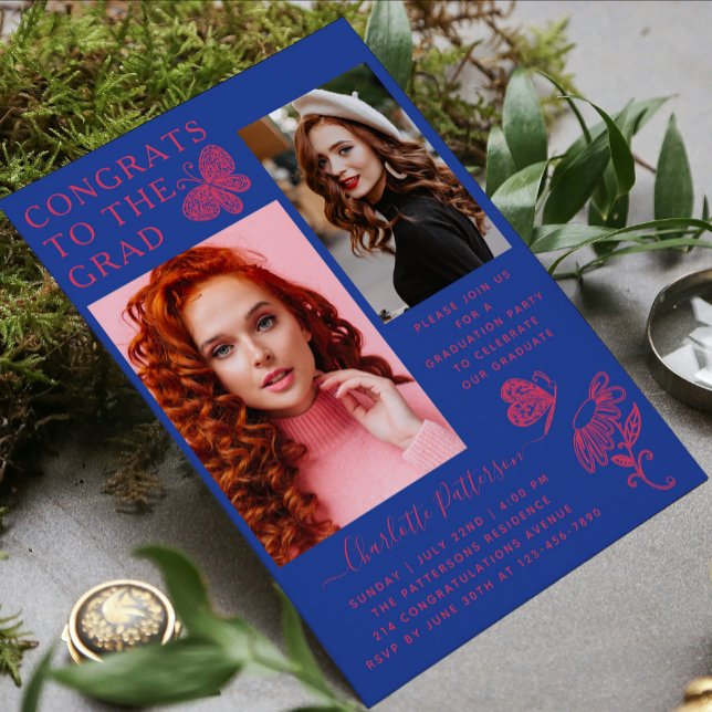 Invitación Moderna fiesta de graduación de fotos de mariposa  (Subido por el creador)