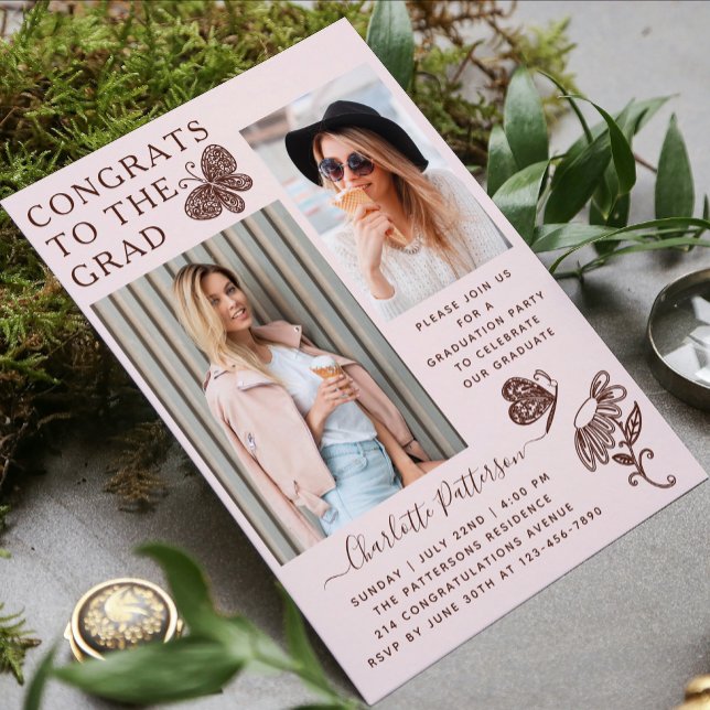 Invitación Moderna fiesta de graduación de fotos de mariposa  (Subido por el creador)
