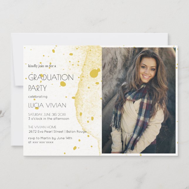 Invitación Moderna fiesta de graduación de fotos de oro (Anverso)