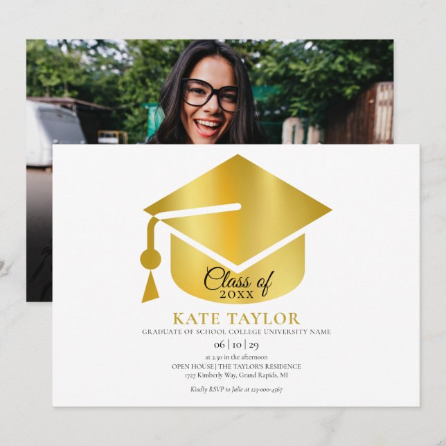 Invitación Moderna fiesta de graduación de fotos de oro (Anverso / Reverso)