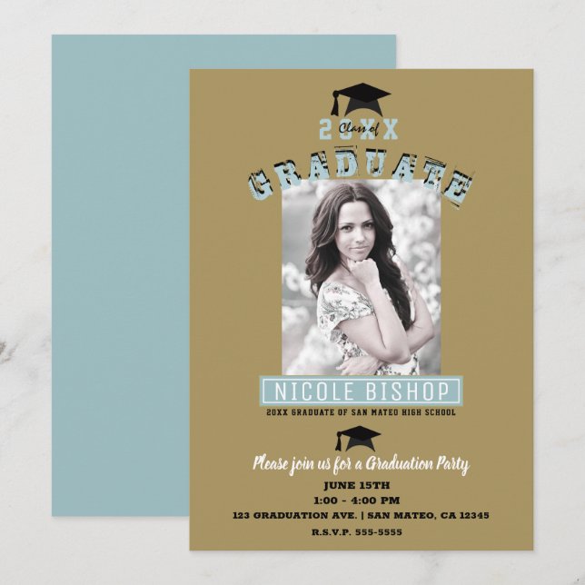 Invitación Moderna fiesta de graduación de fotos de oro azul  (Anverso / Reverso)
