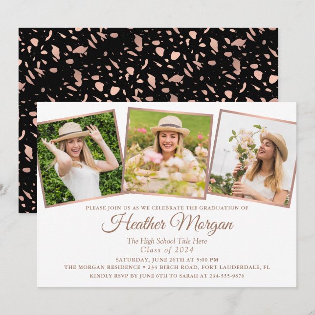 Invitación Moderna fiesta de graduación de fotos de Rosa negr (Anverso / Reverso)