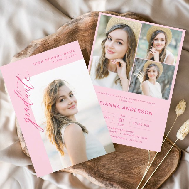 Invitación Moderna fiesta de graduación de fotos en rosa cali (Subido por el creador)