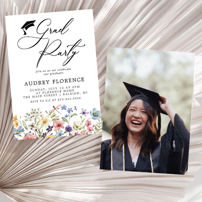 Invitación Moderna fiesta de graduación de fotos florales de  (Subido por el creador)