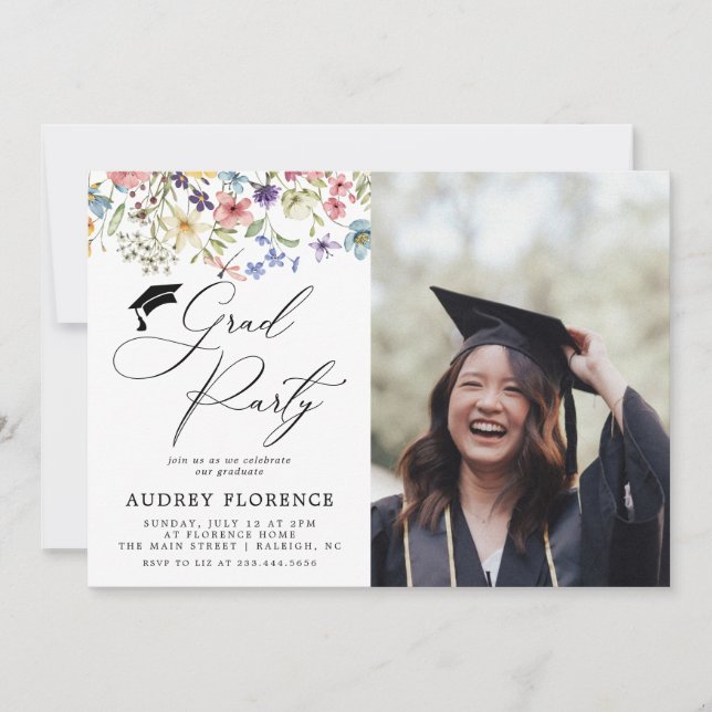 Invitación Moderna fiesta de graduación de fotos florales de  (Anverso)