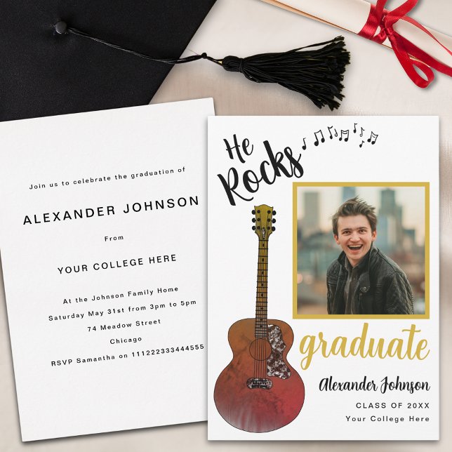 Invitación Moderna fiesta de graduación de Guay con fotos de  (Modern graduate photo country music rustic guitar Graduation party invitation)