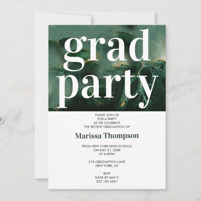 Invitación Moderna fiesta de graduación de mármol de oro verd (Anverso)