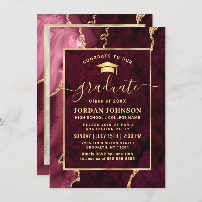 Invitación Moderna fiesta de graduación de Mármol Dorado de B (Anverso / Reverso)