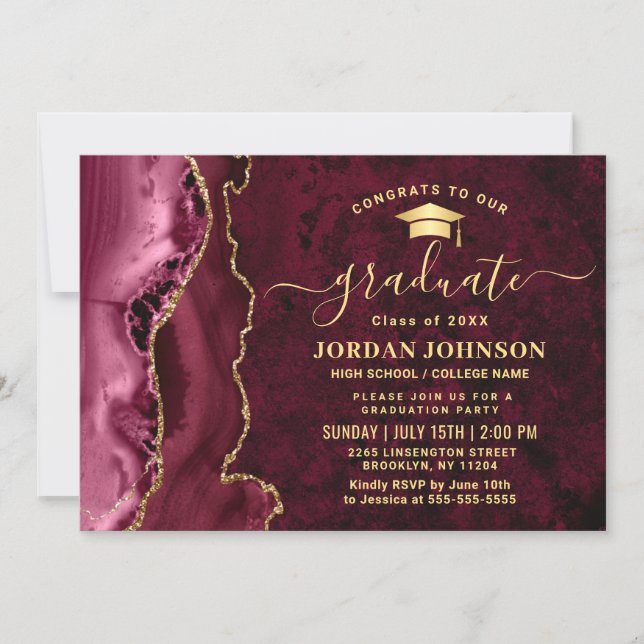 Invitación Moderna fiesta de graduación de Mármol Dorado de B (Anverso)