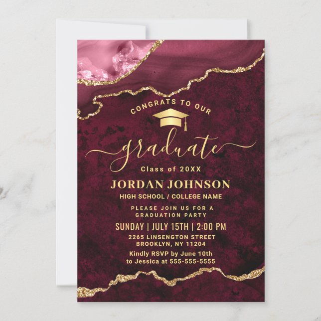 Invitación Moderna fiesta de graduación de Mármol Dorado de B (Anverso)