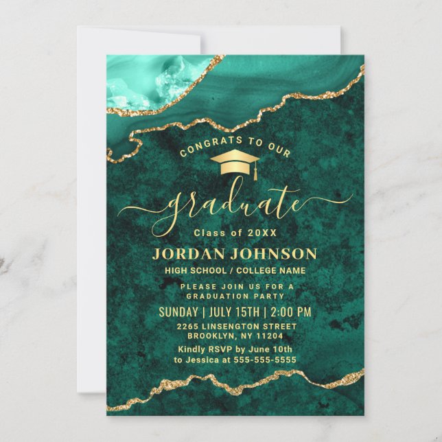 Invitación Moderna fiesta de graduación de Mármol Verde Dorad (Anverso)