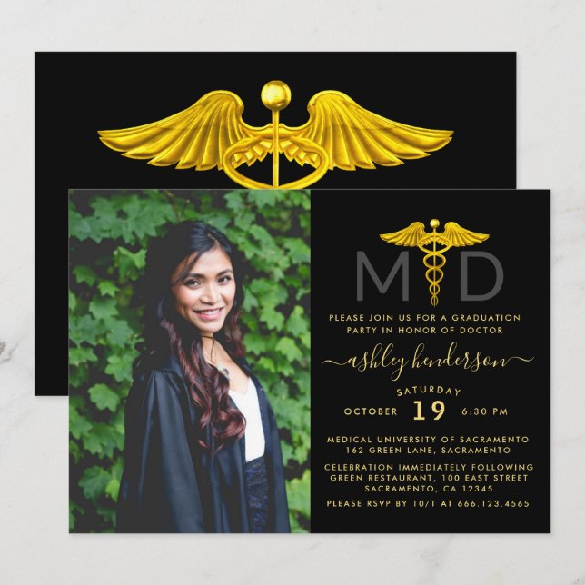 Invitación Moderna fiesta de graduación de Médica de foto MD (Anverso / Reverso)