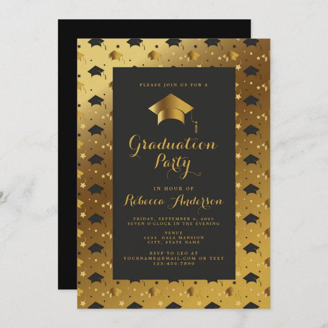 Invitación Moderna fiesta de graduación de oro negro (Anverso / Reverso)