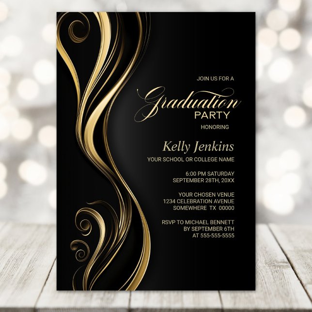 Invitación Moderna fiesta de graduación de oro negro (Subido por el creador)