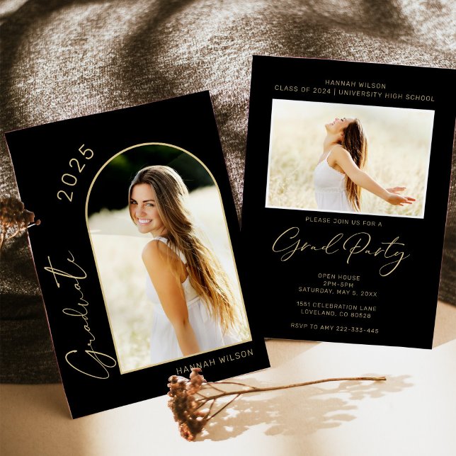 Invitación Moderna fiesta de graduación de oro negro (Subido por el creador)
