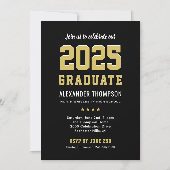 Invitación Moderna fiesta de graduación de oro negro 2023 (Anverso)