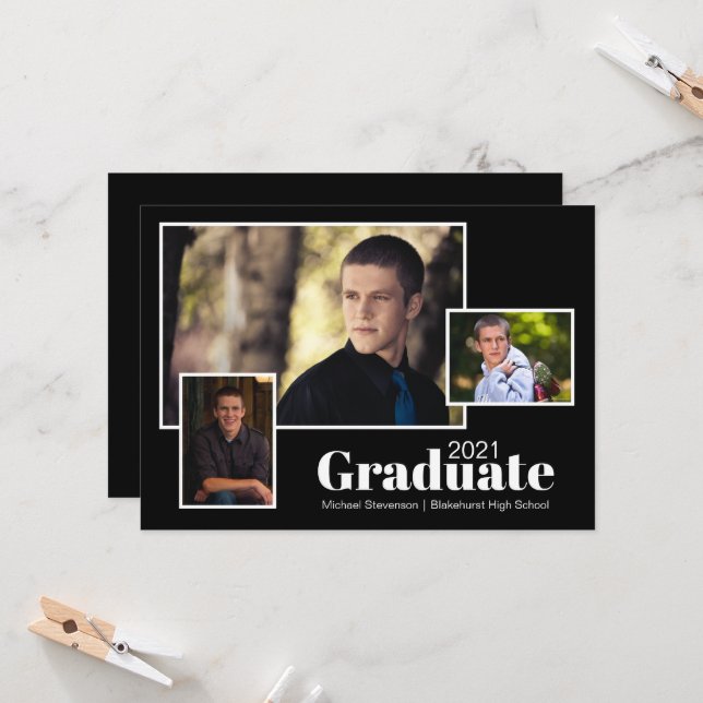 Invitación Moderna fiesta de graduación de tres fotos en negr (Anverso/Reverso In Situ)