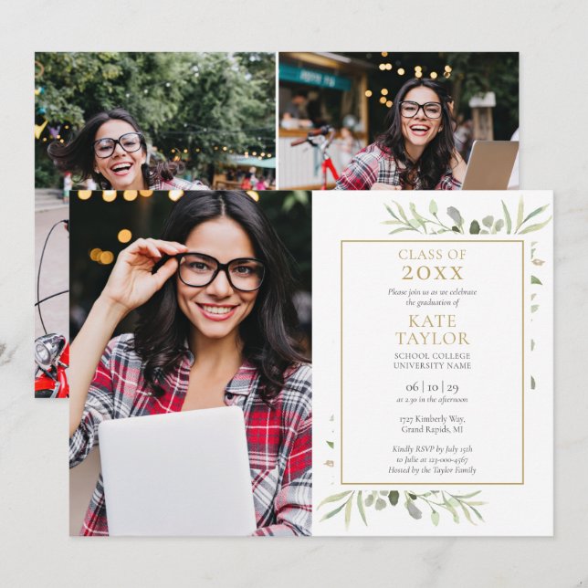 Invitación Moderna fiesta de graduación de vegetación de 5 Co (Anverso / Reverso)