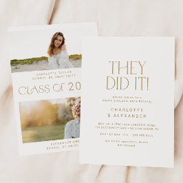 Invitación Moderna fiesta de graduación doble con foto de oro