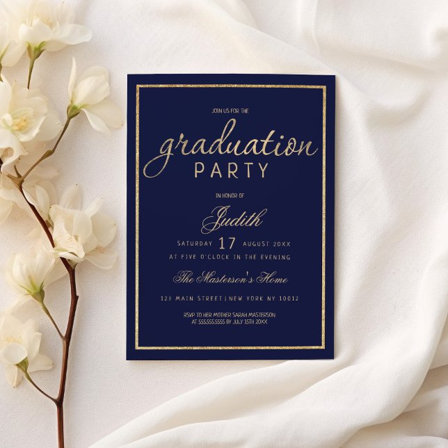 Invitación Moderna fiesta de graduación elegante de oro azul  (Modern navy blue gold elegant Graduation Party )