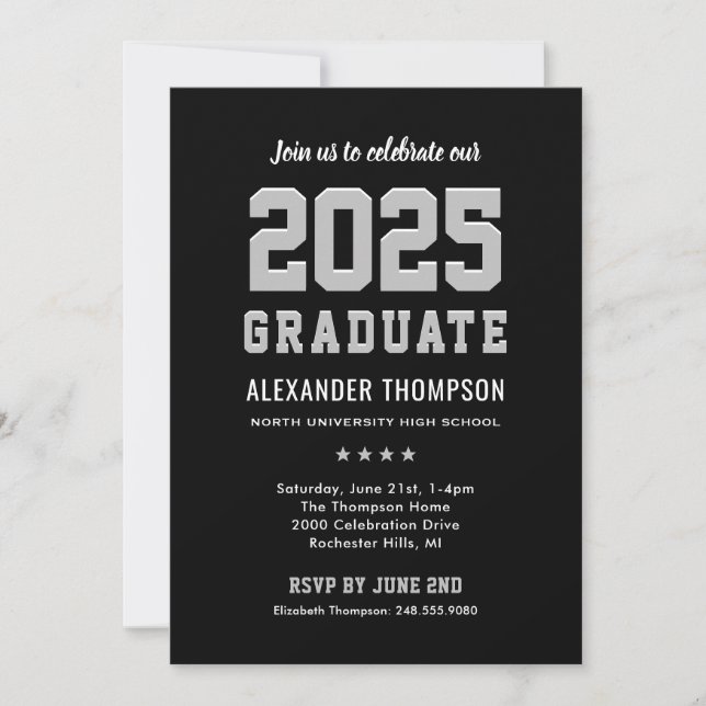 Invitación Moderna fiesta de graduación en gris negro 2025 (Anverso)