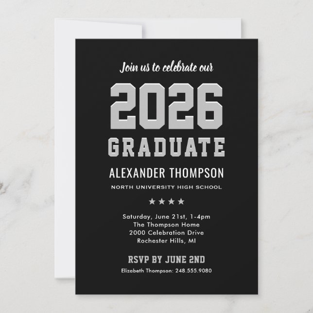 Invitación Moderna fiesta de graduación en gris negro 2025 (Anverso)