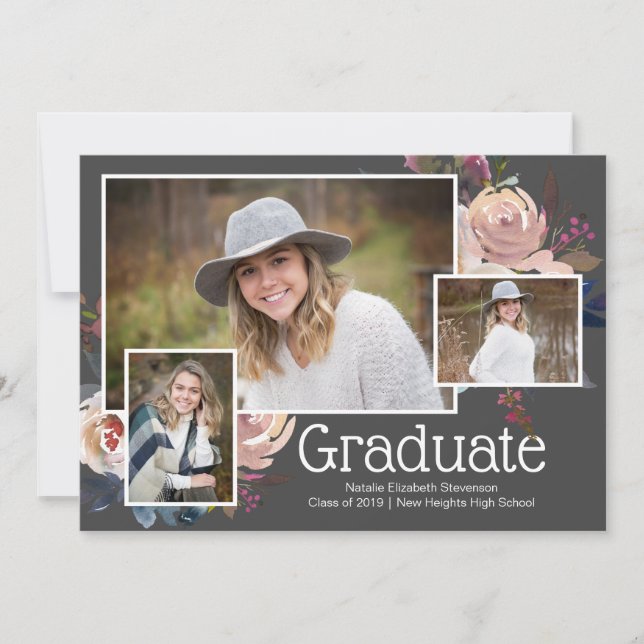 Invitación Moderna fiesta de graduación floral de tres fotos  (Anverso)