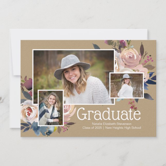 Invitación Moderna fiesta de graduación floral de tres fotos (Anverso)