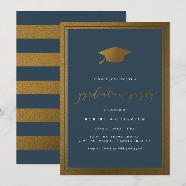 Invitación Moderna Fiesta de Graduación Naval y de Oro (Anverso / Reverso)