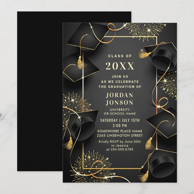 Invitación Moderna fiesta de graduación negra dorada (Anverso / Reverso)