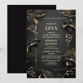 Invitación Moderna fiesta de graduación negra dorada