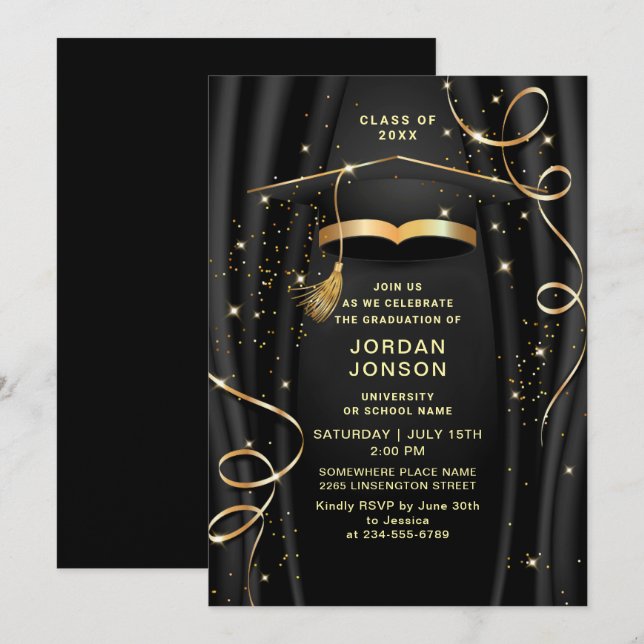 Invitación Moderna fiesta de graduación negra dorada (Anverso / Reverso)