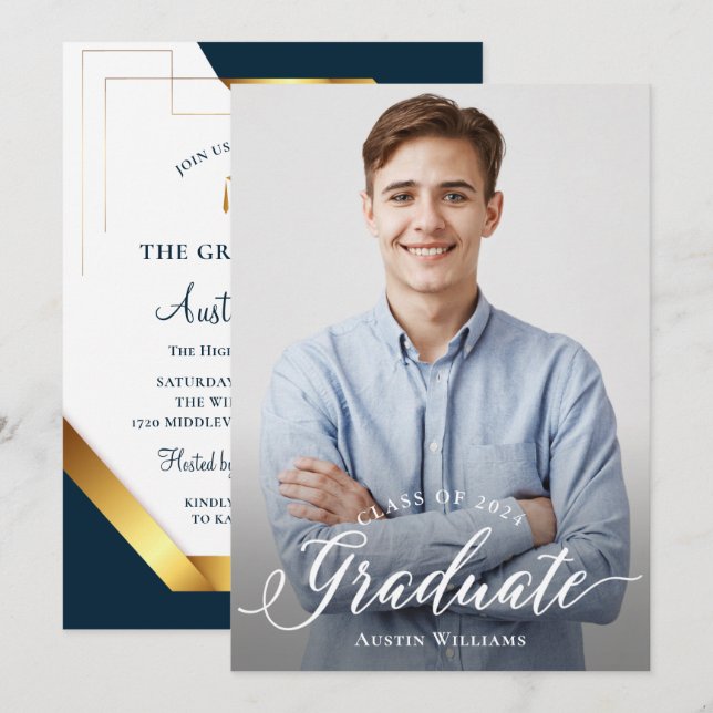 Invitación Moderna fiesta de graduación Royal Blue & Gold Fot (Anverso / Reverso)