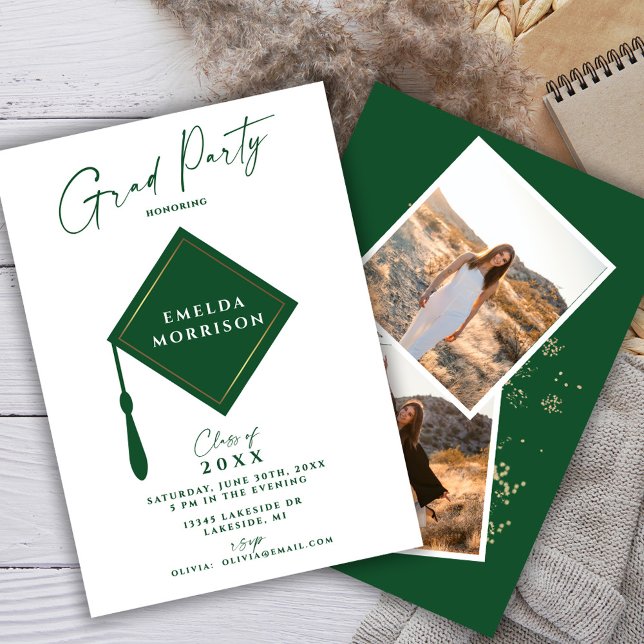 Invitación Moderna fiesta de graduación verde simple de 2 fot (Subido por el creador)