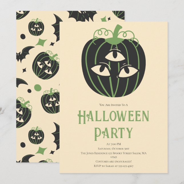 Invitación Moderna fiesta de Halloween de Calabaza de 3 Ojos (Anverso / Reverso)