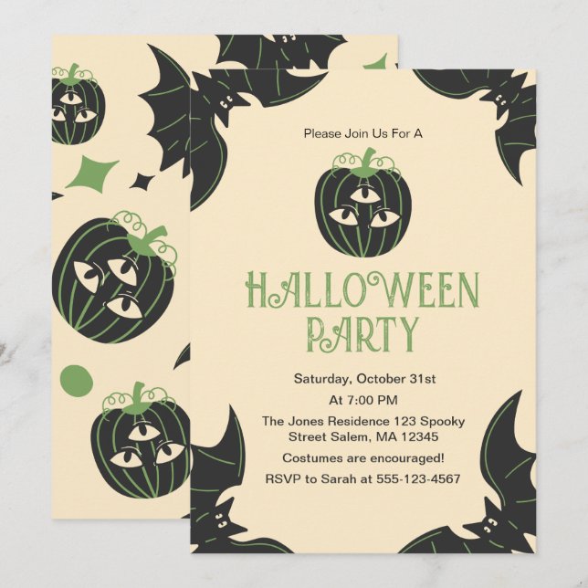 Invitación Moderna fiesta de Halloween de Calabaza y Murciéla (Anverso / Reverso)