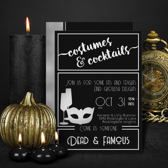 Invitación Moderna fiesta de Halloween elegante de blanco neg (Elegant Black And White costumes and cocktails Halloween invitations)