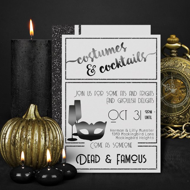 Invitación Moderna Fiesta De Halloween Elegante En Blanco Y N (Elegant Black And White costumes and cocktails halloween invitations)