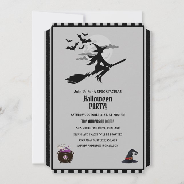 Invitación Moderna fiesta de Halloween gris negro en la bruja (Anverso)