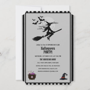 Invitación Moderna fiesta de Halloween gris negro en la bruja