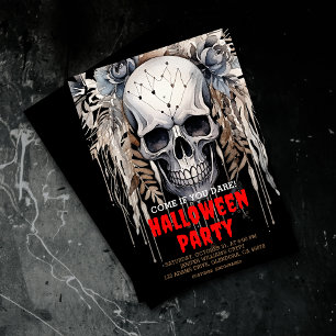 Invitación Moderna fiesta de halloween negra con cráneo malva